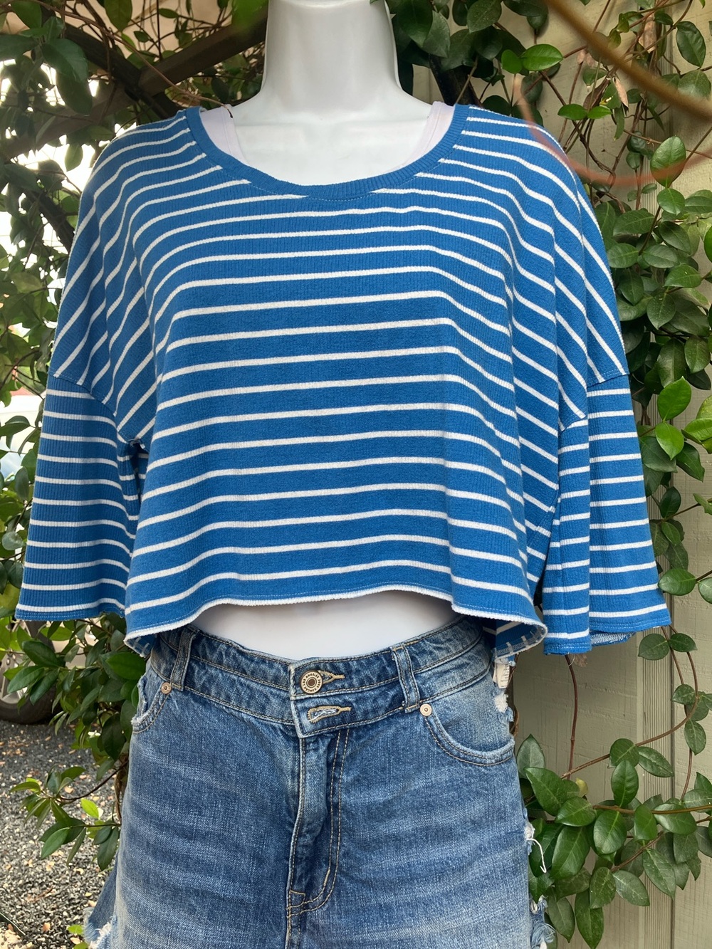 Blue & White Striped Cropped Knit Top - Women's